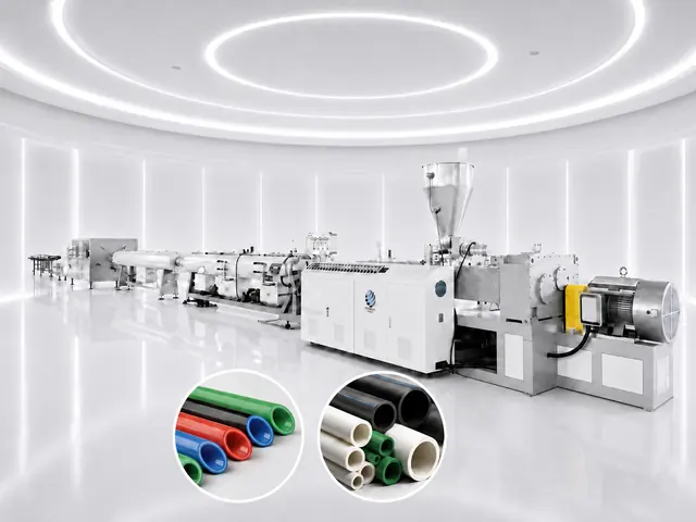 Plastic pipe extrusion line with finished HDPE, PPR and PVC pipes Plastic pipe extrusion line with finished HDPE, PPR and PVC pipes